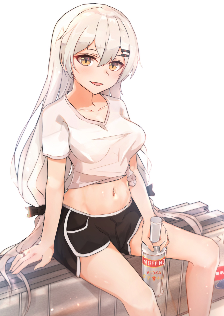 1girl, absurdres, alcohol, bangs, black_shorts, bottle, breasts, collarbone