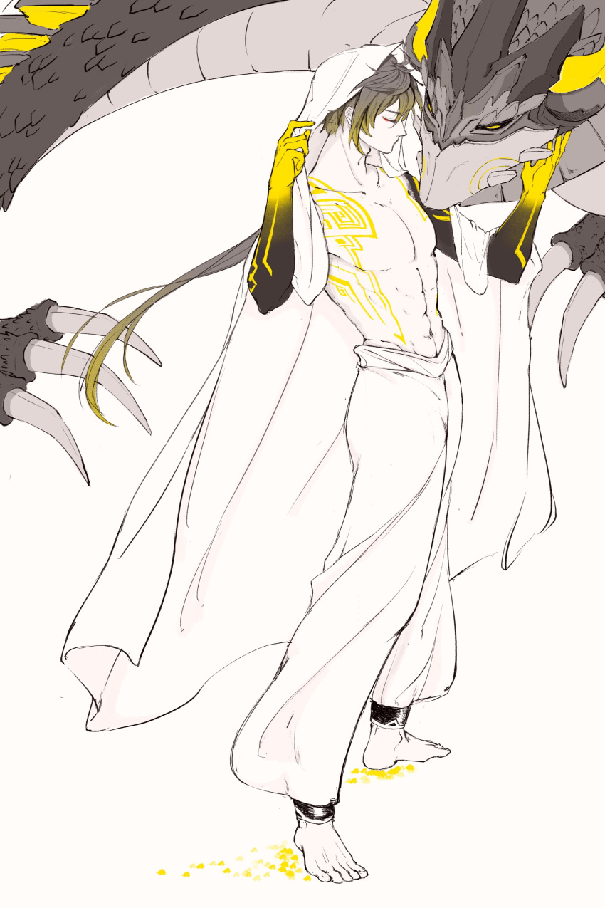 1boy, abs, absurdres, alternate_costume, arm_tattoo, azhdaha_(genshin_impact), baggy_pants, bangs, barefoot, black_hair, cape, chest_tattoo, city_serene, claws, closed_eyes, closed_mouth, dragon, english_commentary, eyeliner, eyeshadow, full_body, genshin_impact, gradient_hair, greyscale, hair_between_eyes, highres, hood, hood_up, hooded_cape, long_hair, makeup, monochrome, multicolored_hair, pants, partially_colored, pectorals, ponytail, red_eyeshadow, shirtless, simple_background, standing, tattoo, toned, toned_male, white_background, yellow_eyes, zhongli_(genshin_impact)