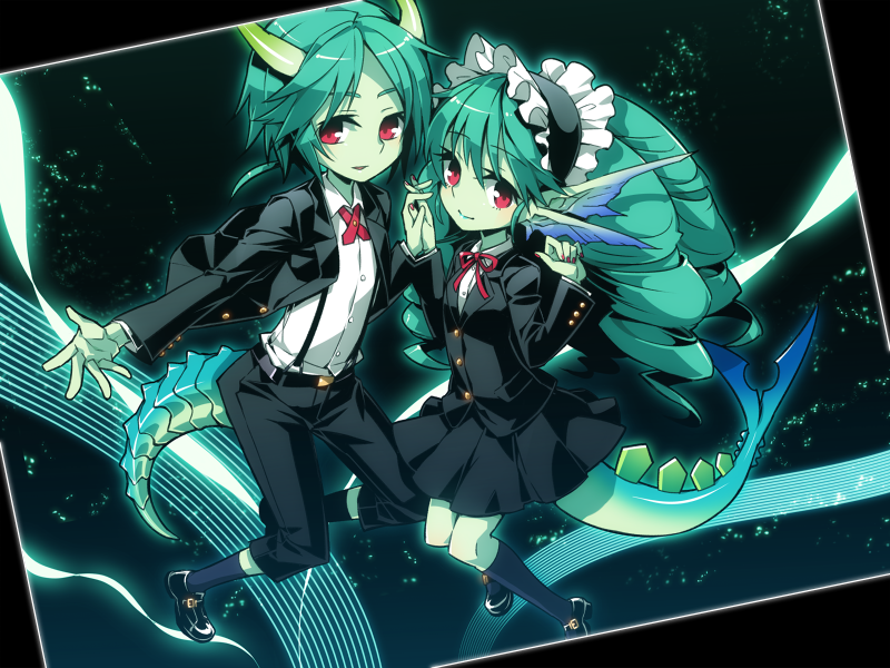 black_legwear, black_socks, drill_hair, dual_persona, fish_tail, genderswap, green_hair, green_skin