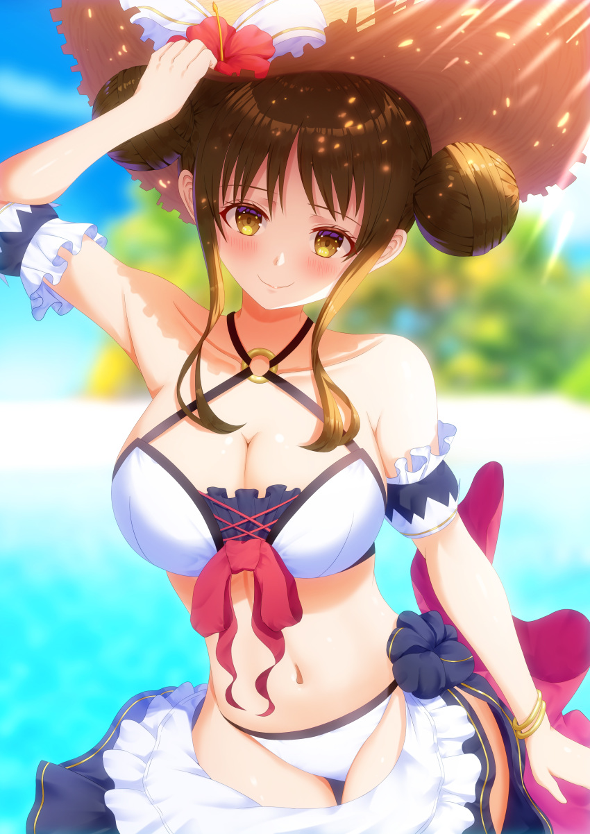 1girl, absurdres, bikini, breasts, brown_eyes, brown_hair, collarbone, cowboy_shot