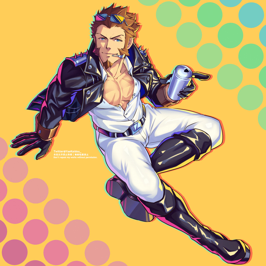 1boy, absurdres, alternate_costume, blue_eyes, brown_hair, eyewear_on_head, facial_hair, fate/grand_order