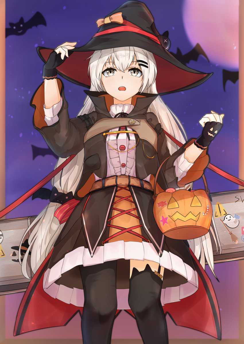 1girl, absurdres, asymmetrical_legwear, bangs, bat, black_gloves, black_legwear, bucket