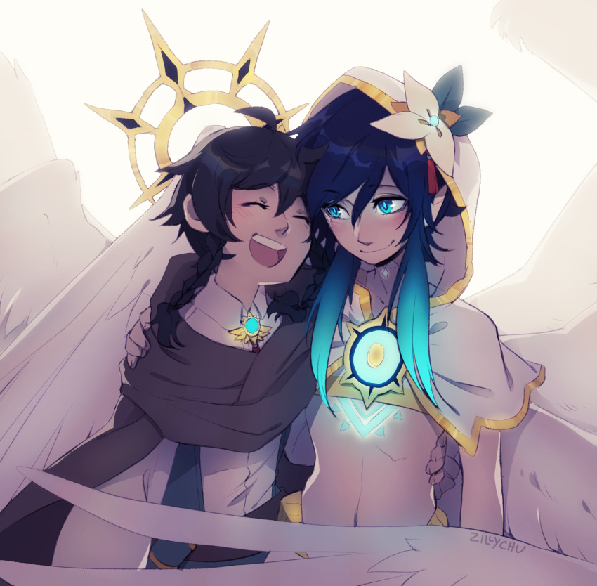2boys, alternate_costume, androgynous, bangs, black_hair, blue_hair, blush, braid