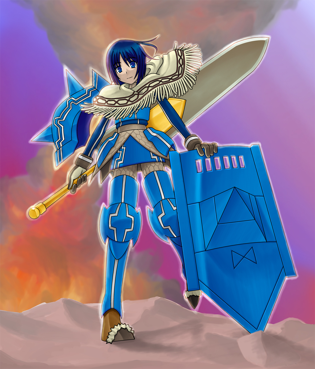 armor, blue_eyes, blue_hair, darcsen, female, isara_gunther, miniskirt, nyagoru
