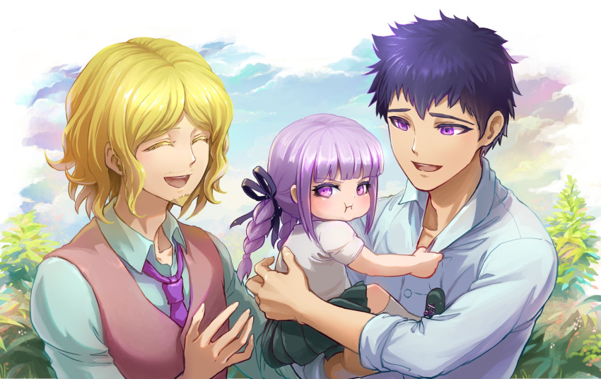 1girl, 2boys, :d, angry, bangs, black_ribbon, black_skirt, blonde_hair, blush, braid, collarbone, collared_shirt, commentary_request, dangan_ronpa_(series), dangan_ronpa_kirigiri, day, facial_hair, goatee, hair_ribbon, highres, kirigiri_jin, kirigiri_kyouko, matsuda_yasuke, multiple_boys, necktie, open_mouth, outdoors, pink_vest, pleated_skirt, pout, ribbon, shirt, short_hair, short_sleeves, skirt, smile, toddler, twin_braids, vest, violet_eyes, white_shirt, youko-shima, younger