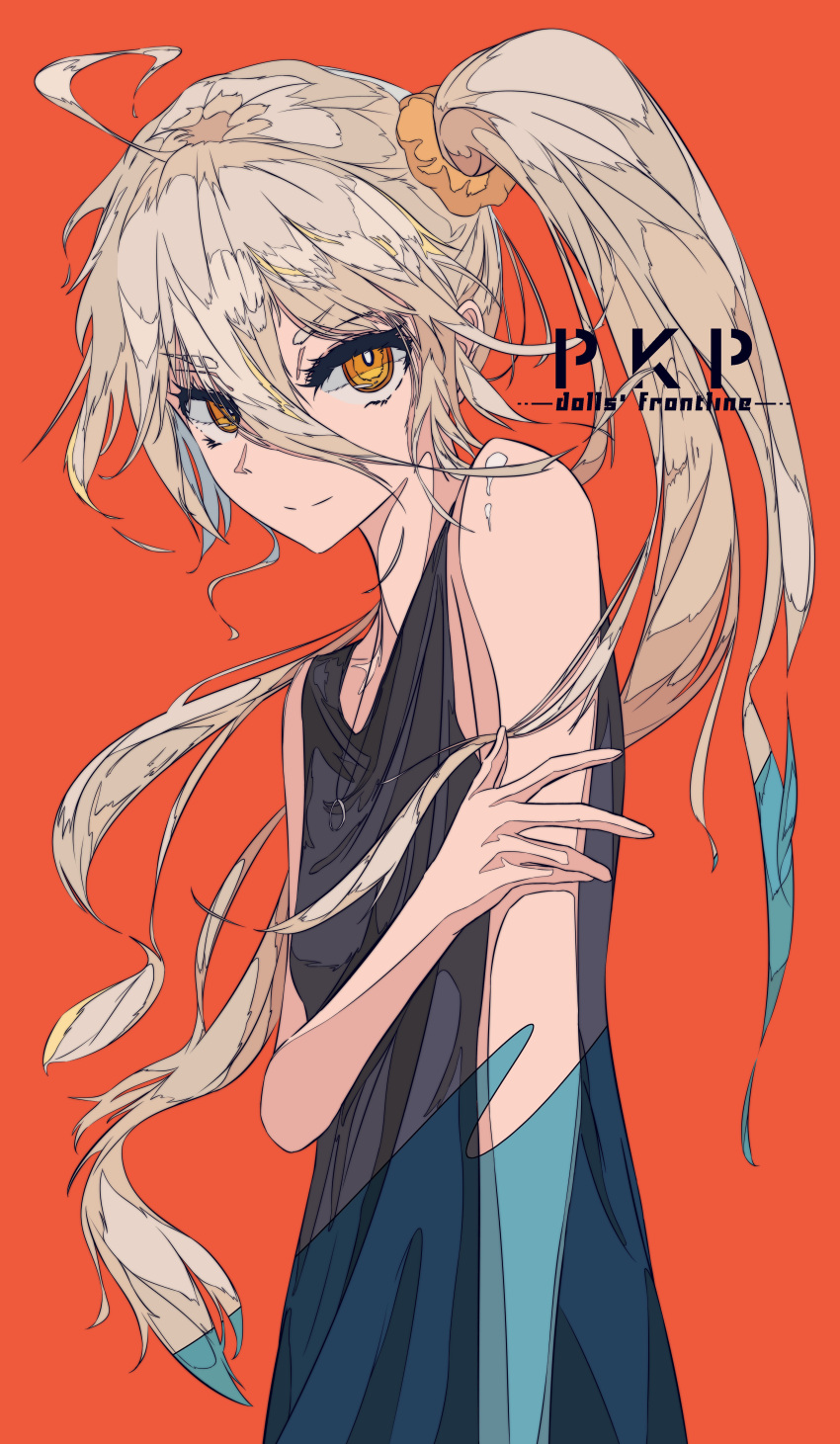 1girl, absurdres, bangs, black_shirt, blonde_hair, character_name, closed_mouth, copyright_name
