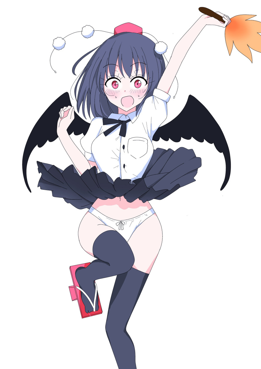 1girl, absurdres, bird_wings, black_hair, black_legwear, black_ribbon, black_skirt, black_wings
