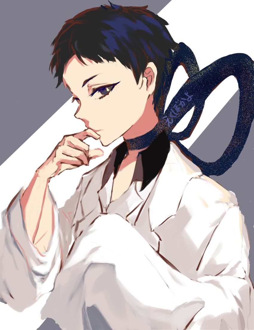 1boy, absurdres, bishounen_series, black_hair, blue_eyes, blue_ribbon, ekubokayo, finger_in_mouth