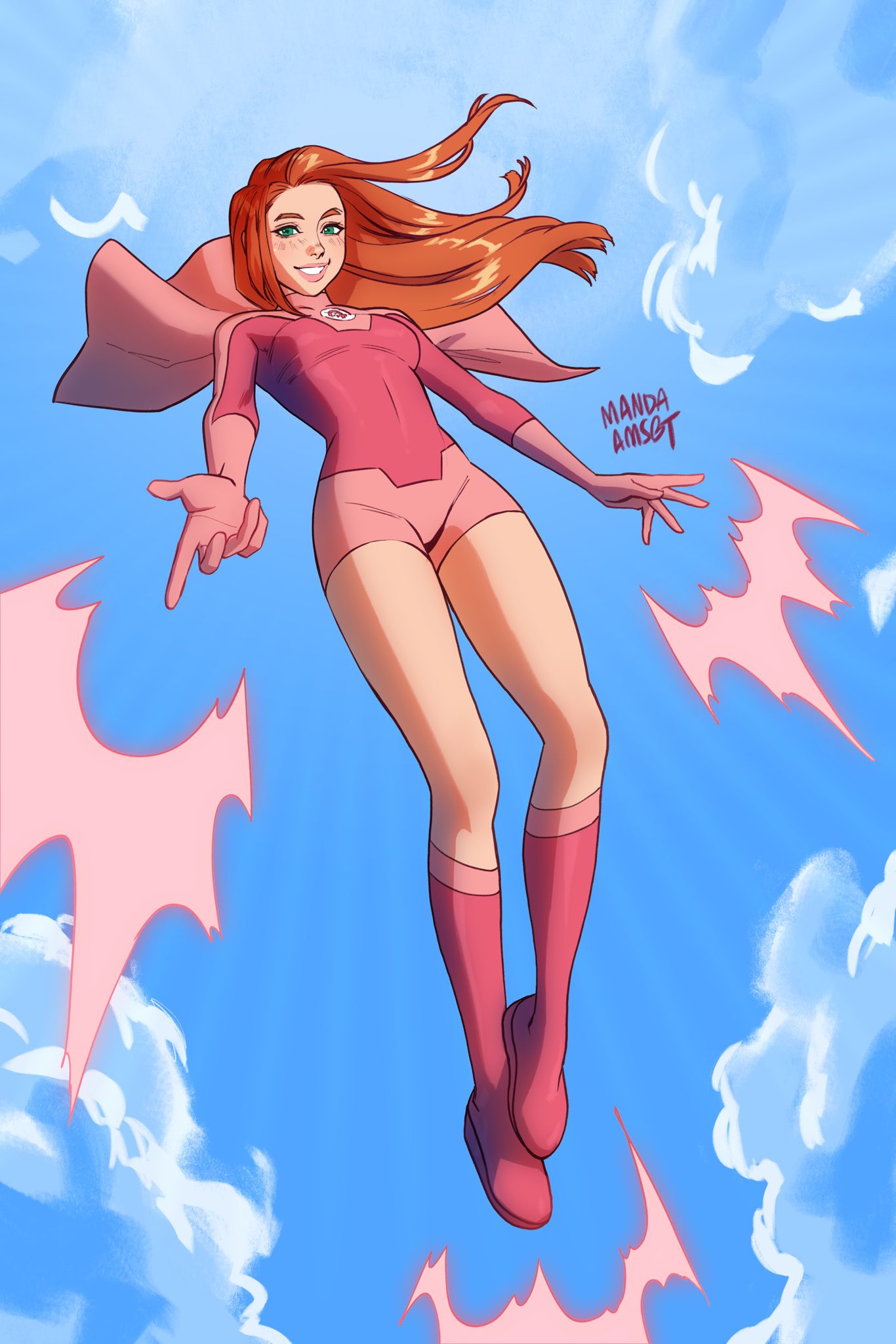 1girl, atom_eve, blue_sky, blush, bodysuit, boots, commentary, day