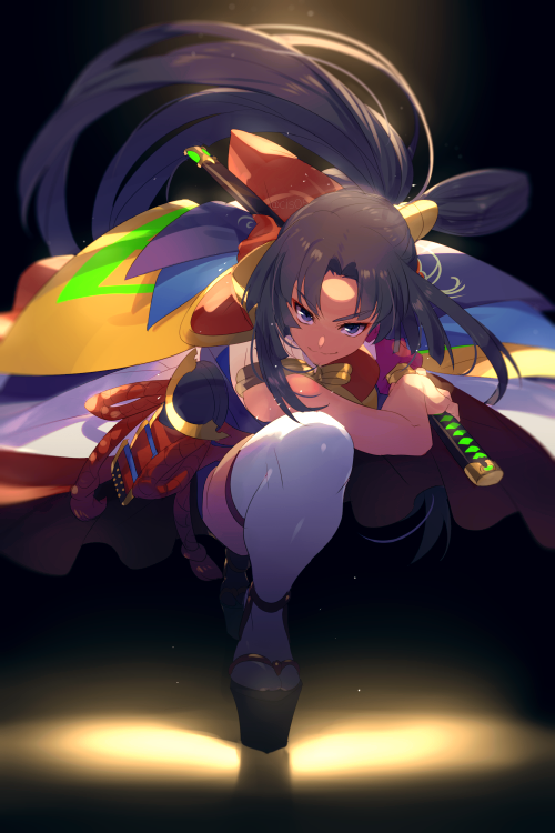 1girl, bangs, black_hair, blue_eyes, blush, breasts, cis05, detached_sleeves