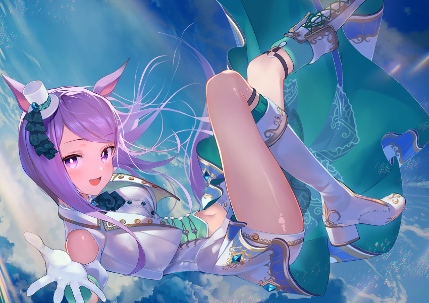 1girl, :d, animal_ears, blush, boots, eyebrows_visible_through_hair, foreshortening, gloves