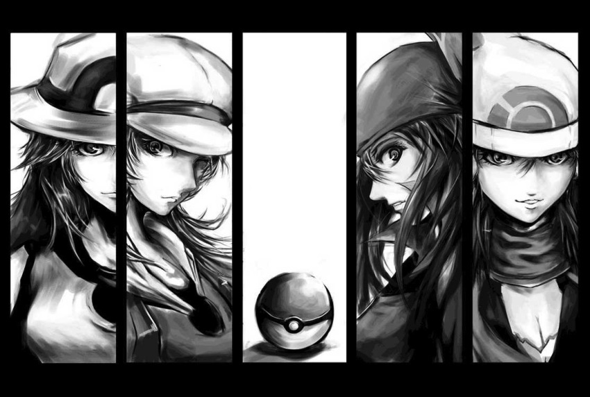 bandana, beanie, blue_(pokemon), breasts, cabbie_hat, cleavage, haruka_(pokemon), hat