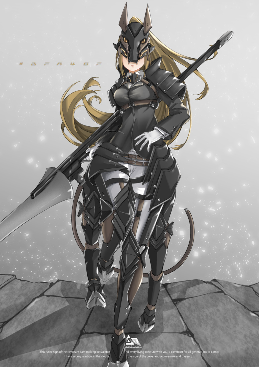 1girl, animal_ears, armor, black_armor, black_jacket, blonde_hair, breasts, centaur