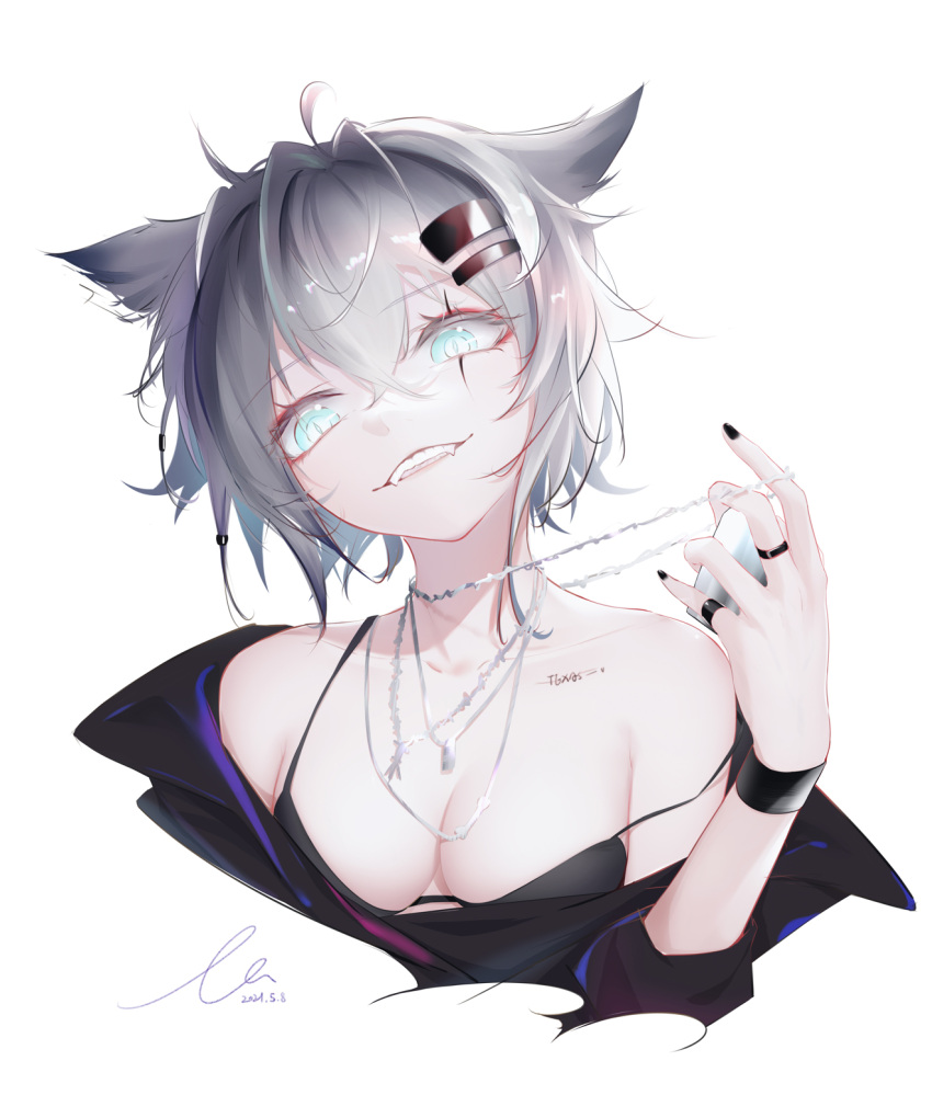 1girl, animal_ears, arknights, bangs, bare_shoulders, black_bra, black_nails, blue_eyes