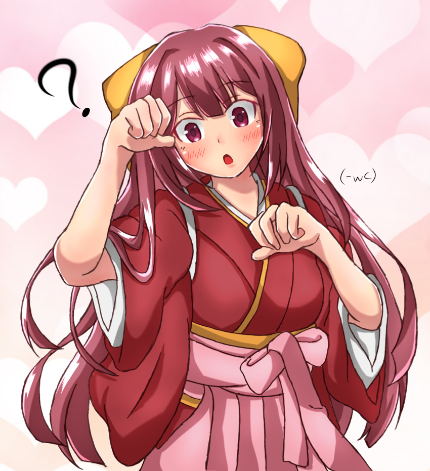 1girl, ?, absurdres, bow, cowboy_shot, hair_bow, hakama, heart, heart_background, highres, japanese_clothes, kamikaze_(kancolle), kantai_collection, kimono, koutetunamekuji, long_hair, looking_down, meiji_schoolgirl_uniform, one-hour_drawing_challenge, open_mouth, paw_pose, pink_background, pink_hakama, purple_hair, red_kimono, solo, tasuki, violet_eyes, yellow_bow