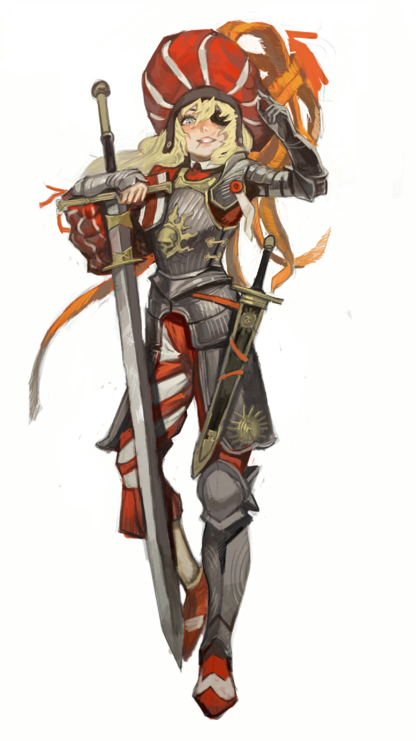 1girl, armored_boots, blonde_hair, blue_eyes, boots, cuirass, eyepatch, full_body