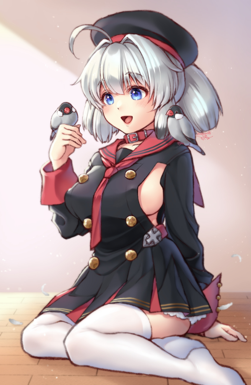 1girl, ahoge, azur_lane, beret, bird, black_headwear, blue_eyes, blush
