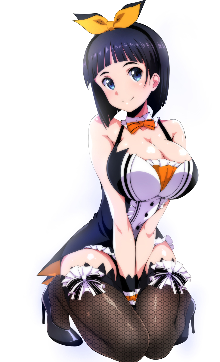 1girl, black_hair, blue_eyes, bob_cut, detached_collar, dress, fishnet_legwear, fishnets, hair_ribbon, highres, island_(kossori), kirigaya_suguha, looking_at_viewer, necktie, ribbon, ribbon_trim, seiza, shoes, short_hair, simple_background, sitting, sleeveless, sleeveless_dress, solo, sword_art_online, thigh-highs, white_background