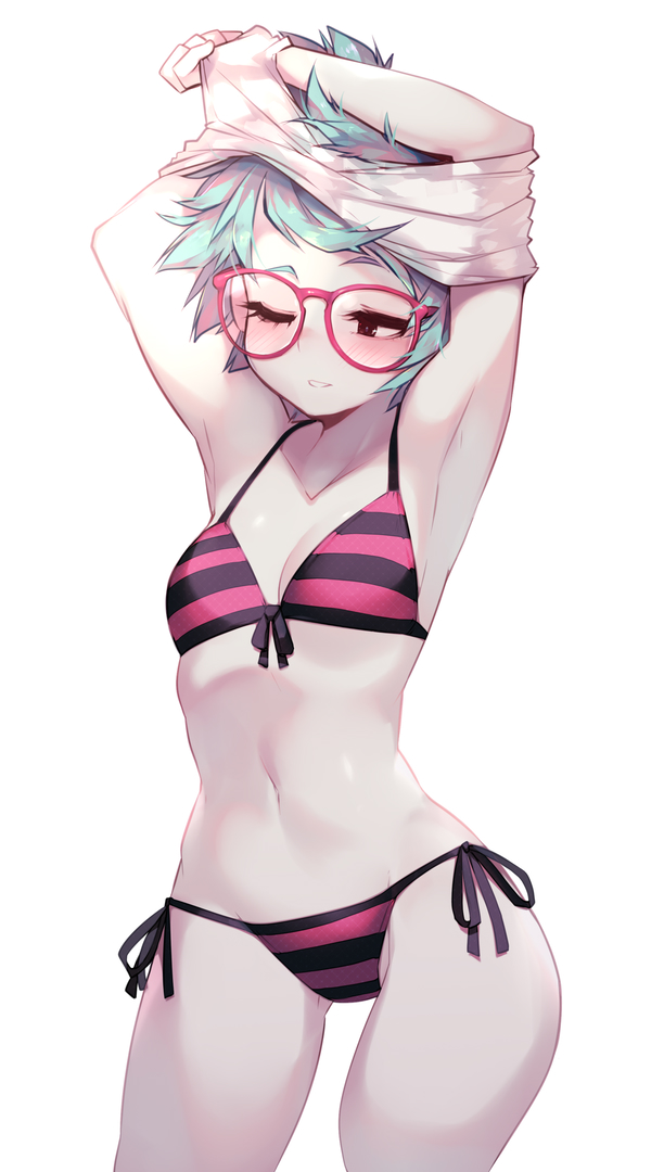 armpits, arms_up, bikini, blue_hair, blush, breasts, glasses, lifted_by_self, mika_(paroro), negative_frames, one_eye_closed, parororo, shirt_lift, shirt_over_head, short_hair, side-tie_bikini, small_breasts, striped, striped_bikini, swimsuit, white_background