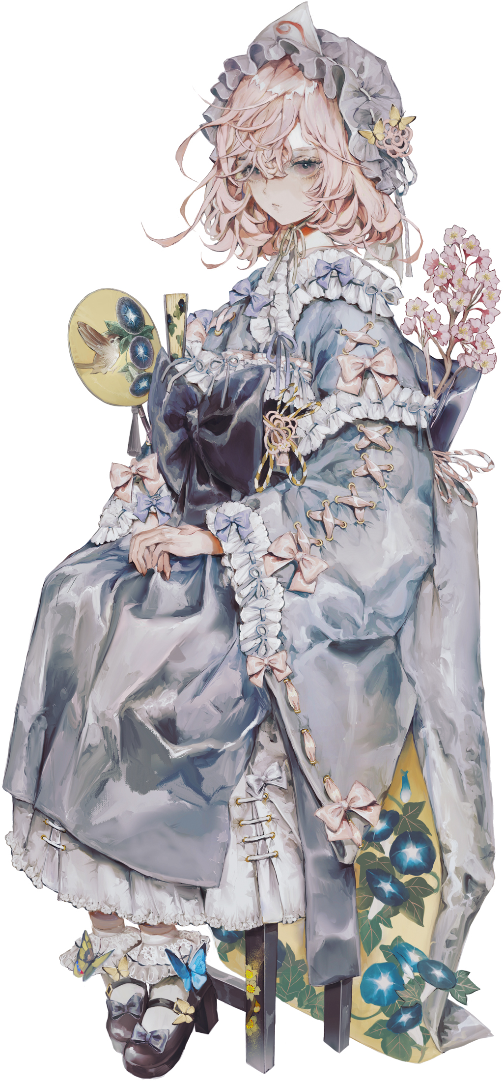 1girl, animal_print, bangs, bird, bird_print, black_footwear, blue_bow, blue_butterfly, blue_flower, blue_headwear, blue_kimono, blue_ribbon, blue_sash, bobby_socks, bonnet, bow, buckle, bug, butterfly, butterfly_on_foot, butterfly_on_head, chair, cherry_blossoms, choker, closed_fan, closed_mouth, embellished_costume, expressionless, eyelashes, fan, flipped_hair, floral_print, flower, flower_knot, folding_fan, footwear_bow, frilled_kimono, frilled_sleeves, frills, hair_between_eyes, hat, highres, holding, holding_fan, insect, japanese_clothes, kimono, lace-trimmed_legwear, lace_trim, large_bow, long_sleeves, looking_at_viewer, looking_to_the_side, mary_janes, mob_cap, morning_glory, obi, own_hands_together, pale_color, paper_fan, pink_eyes, pink_flower, pink_hair, pink_ribbon, ribbon, ribbon-trimmed_headwear, ribbon_choker, ribbon_trim, saigyouji_yuyuko, sash, shoes, short_hair, sidelocks, sitting, socks, solo, sparrow, swept_bangs, tassel, touhou, tree_branch, triangular_headpiece, uchiwa, white_background, white_bow, white_legwear, white_ribbon, wide_sleeves, yellow_butterfly, yogisya