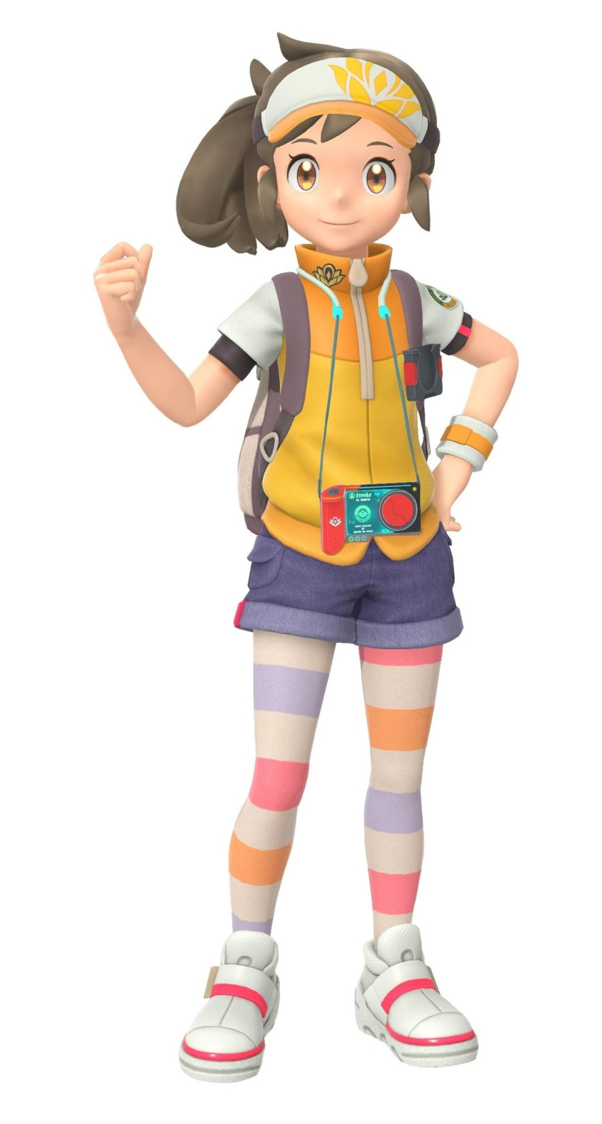 1girl, 3d, backpack, bag, black_shirt, blue_shorts, brown_bag, brown_eyes, brown_hair, brown_headwear, camera, camera_on_neck, child, clenched_hand, denim, denim_shorts, full_body, game_model, grey_bag, hand_on_hip, hand_up, highres, l.e.n.s._logo, looking_at_viewer, multicolored, multicolored_clothes, multicolored_headwear, multicolored_stripes, new_pokemon_snap, official_art, orange_headwear, orange_shirt, pantyhose, pink_footwear, pocket, pokemon, print_headwear, research_camera, river_(pokemon), shiny, shiny_footwear, shiny_hair, shirt, shirt_under_shirt, shoes, short_shorts, shorts, side_ponytail, sidelocks, smile, sneakers, solo, standing, striped, striped_legwear, turtleneck, two-tone_bag, two-tone_footwear, visor, white_background, white_footwear, white_headwear, white_shirt, white_wristband, wristband, yellow_headwear, yellow_shirt, zipper, zipper_pull_tab