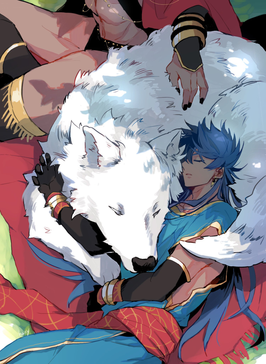2boys, abs, bangs, dark_blue_hair, dark_skin, dark_skinned_male, earrings, elbow_gloves