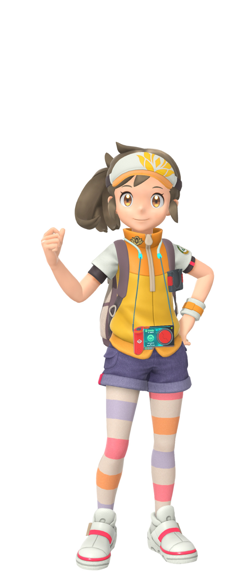 1girl, 3d, absurdres, artist_request, backpack, bag, bangs, blue_shorts, brown_eyes, brown_hair, camera, child, clenched_hand, closed_mouth, denim, denim_shorts, flat_chest, full_body, game_model, hand_on_hip, hand_up, happy, highres, leggings, looking_at_viewer, multicolored, multicolored_clothes, multicolored_legwear, multicolored_shirt, new_pokemon_snap, official_art, orange_headwear, pin, pocket, pokemon, pokemon_(game), ponytail, river_(pokemon), shirt, shoes, short_hair, short_shorts, shorts, shorts_over_legwear, sidelocks, smile, solo, standing, striped, striped_legwear, tied_hair, transparent_background, visor_cap, white_footwear, wristband, yellow_shirt