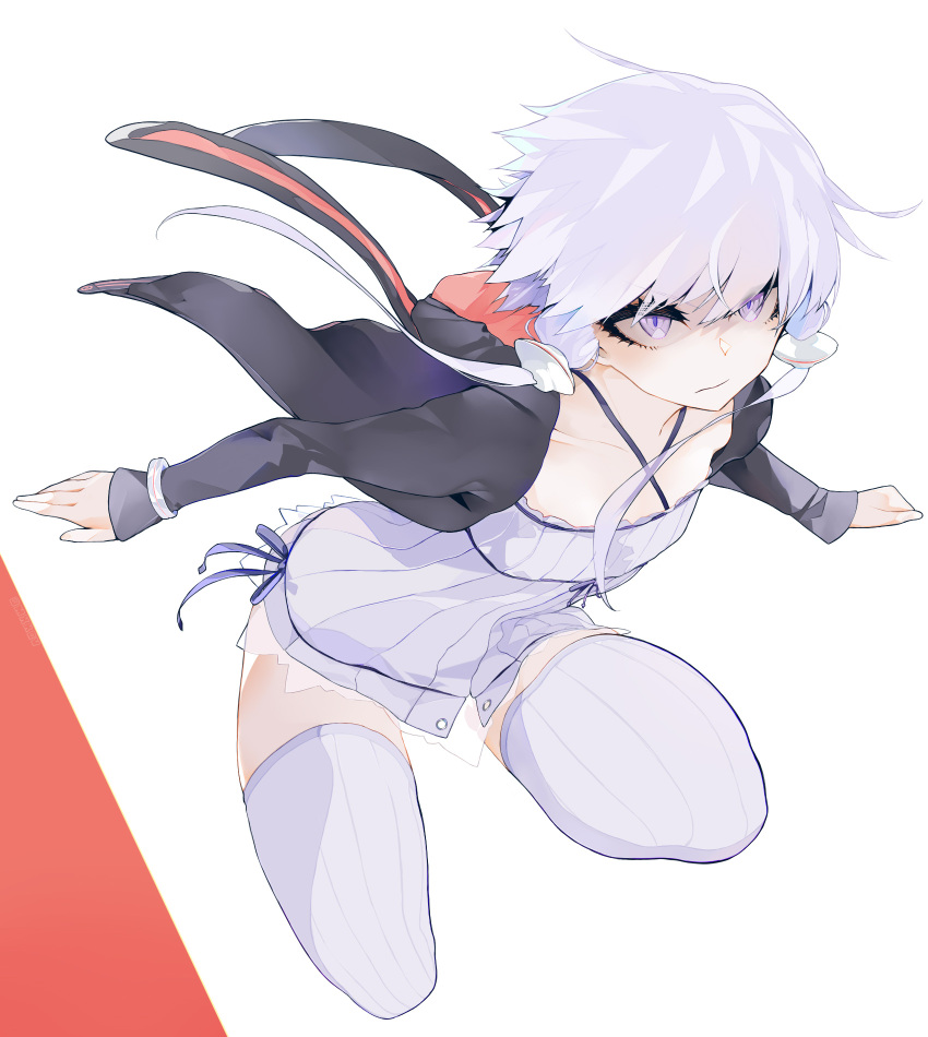 1girl, bangs, black_jacket, dress, full_body, highres, hood, hood_down
