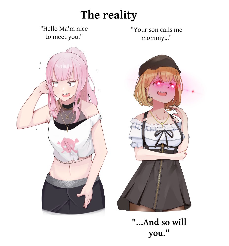 2girls, bangs, black_pants, black_skirt, blonde_hair, brown_headwear, collarbone, crop_top