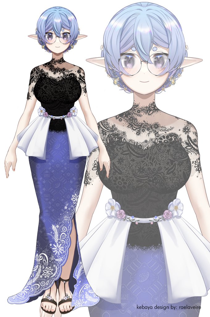 1girl, alternate_costume, artist_name, bangs, barefoot_sandals, black_blouse, blouse, blue_skirt, breasts, elf, hair_between_eyes, indie_virtual_youtuber, kebaya, large_breasts, long_pointy_ears, open_hands, pointy_ears, rae_laveire, rae_laveire_(artist), sandals, skirt, smile, solo, virtual_youtuber, white_background, white_skirt, zoom_layer
