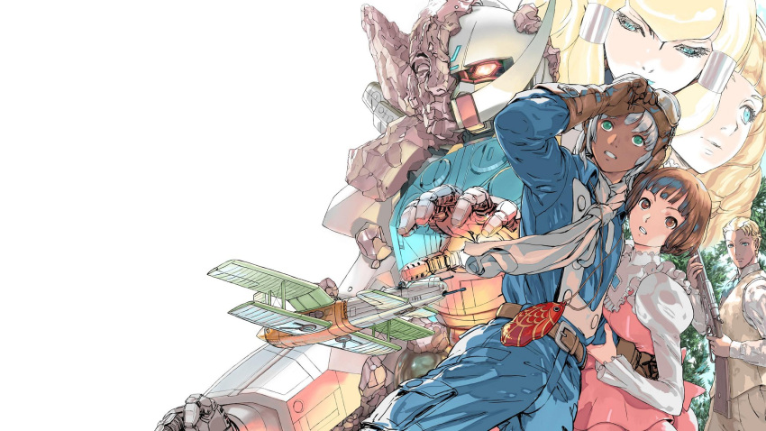2boys, 3girls, aircraft, airplane, bangs, blonde_hair, blue_eyes, blue_lips