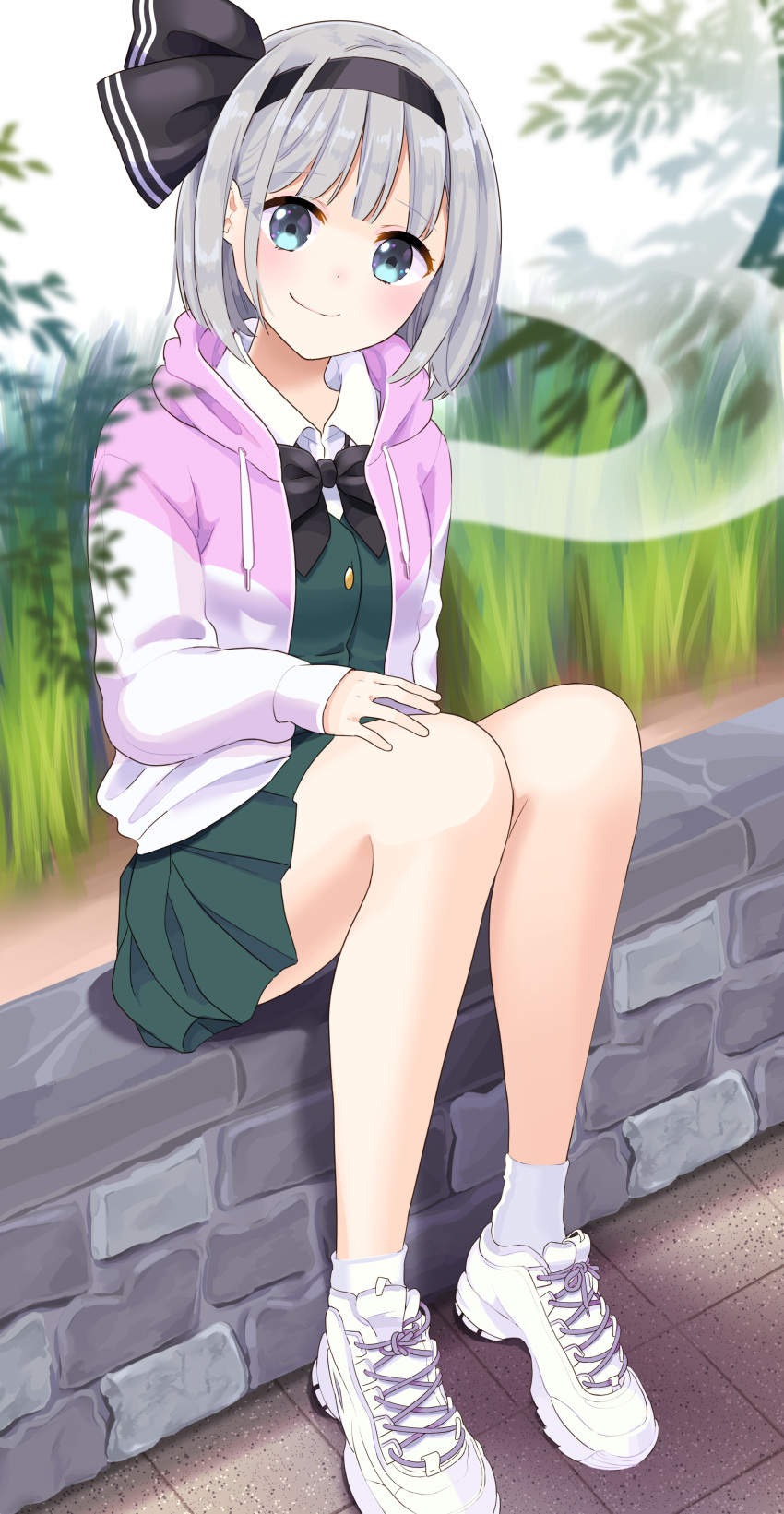 1girl, absurdres, adapted_costume, bare_legs, black_neckwear, black_ribbon, blue_eyes, blush