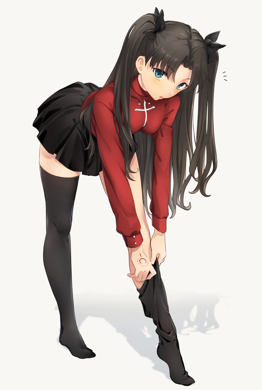 1girl, absurdres, ass, black_hair, black_legwear, black_skirt, blue_eyes, fate/stay_night, fate_(series), highres, long_hair, long_sleeves, miniskirt, skirt, socks, sweater, thigh-highs, thighs, tohsaka_rin, tuto_(mokuchin09), twintails, two_side_up