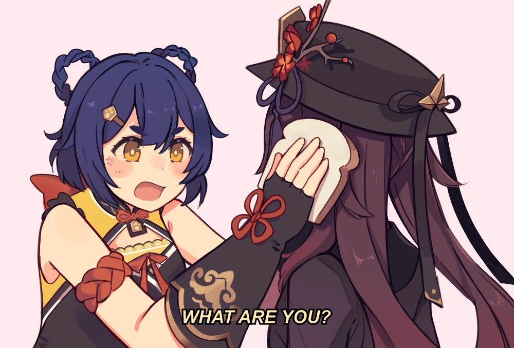 2girls, anger_vein, bangs, bare_shoulders, blue_hair, braid, bread_slice, brown_hair