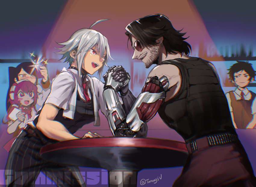 2boys, 3girls, android, arm_wrestling, bar, bartender, beard, blush