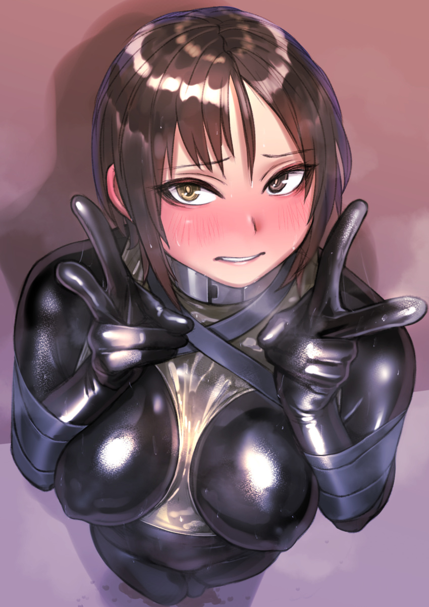 1girl, bdsm, blush, bodysuit, bondage, bound, brown_eyes, brown_hair