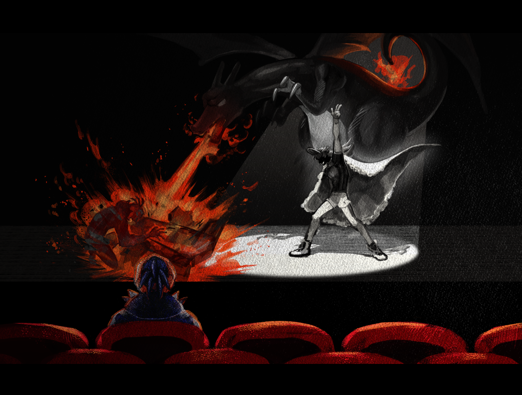 1boy, chair, charizard, commentary_request, dark_skin, dark_skinned_male, duraludon, fire