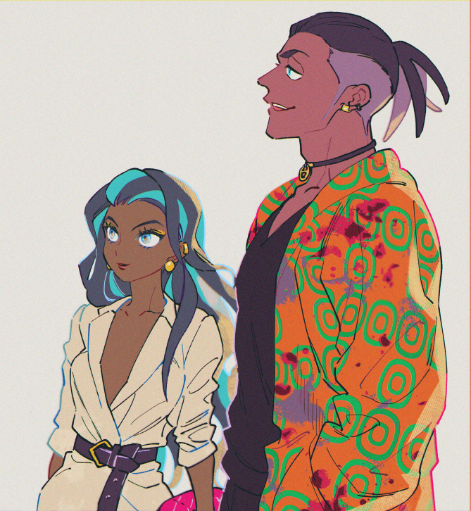 1boy, 1girl, alternate_costume, belt, black_hair, black_shirt, blue_eyes, blue_hair