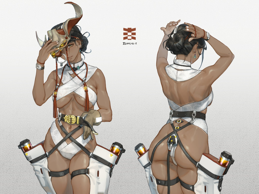 1girl, ass, belt, black_hair, bone, bone_horns, breasts, dark_skin, dark-skinned_female, earrings, gloves, hair_bun, helm, helmet, highres, jewelry, mole, mole_on_body, mole_on_breast, mole_on_thigh, original, single_glove, solo, watch, youzu_(youzuyozu)