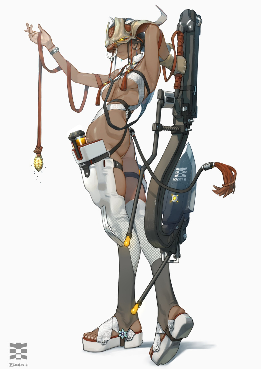 1girl, armpits, ass, bone, bone_horns, breasts, dark_skin, dark-skinned_female