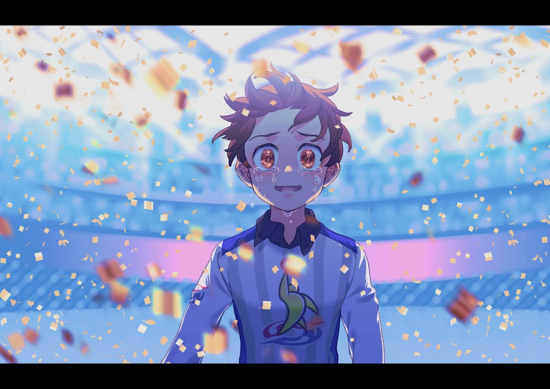1boy, bangs, blurry, brown_hair, collared_shirt, commentary_request, confetti, crying
