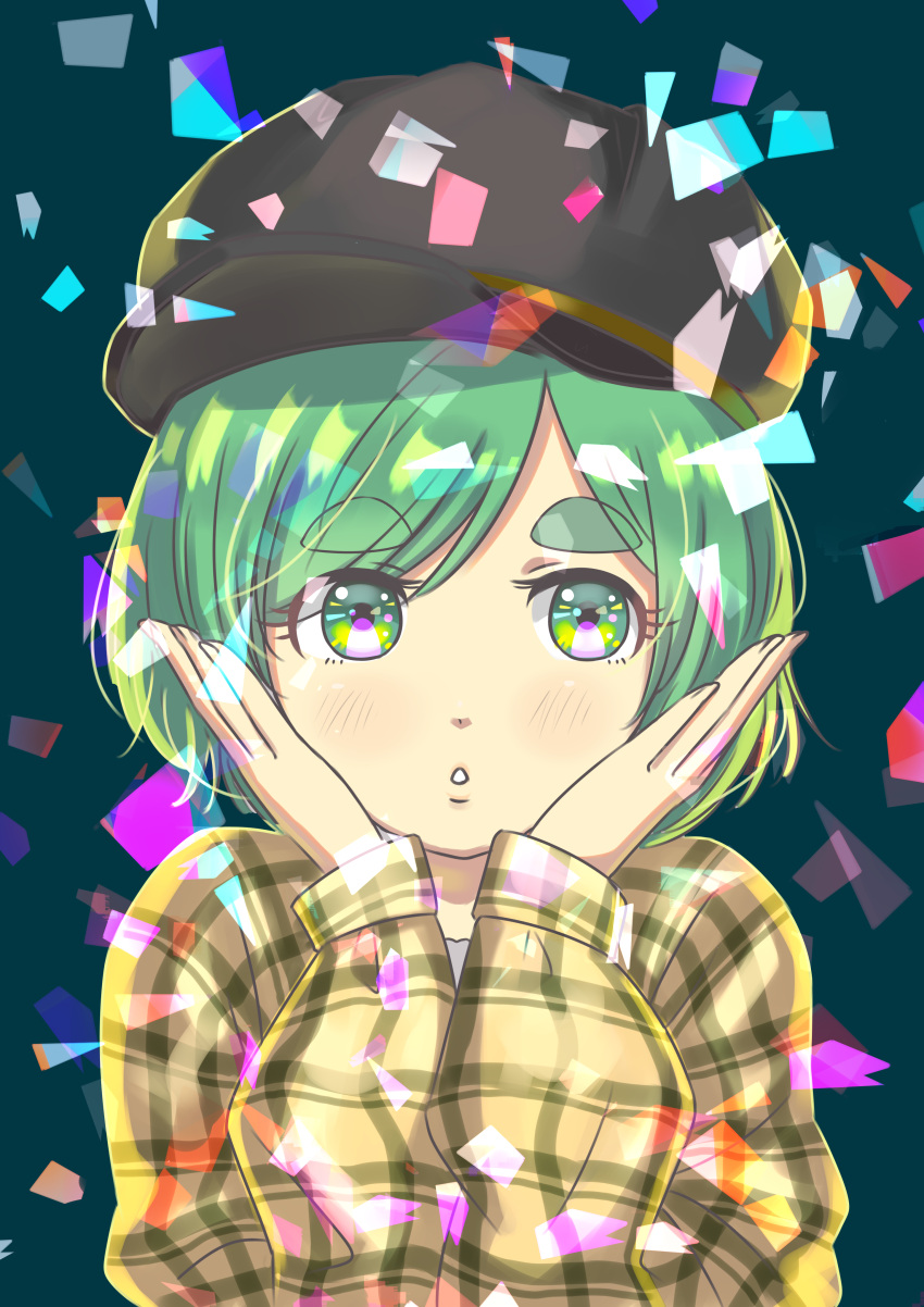 1girl, absurdres, bangs, black_headwear, blush, confetti, eyebrows_visible_through_hair, futomayu-chan_(sinohira_rin)