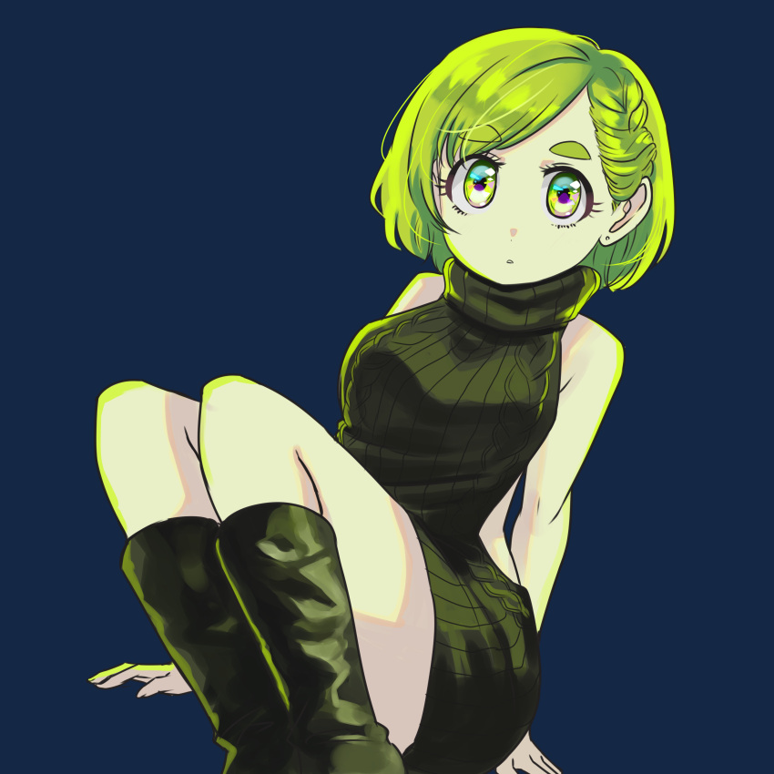 1girl, absurdres, black_background, black_dress, black_footwear, boots, dress, earrings
