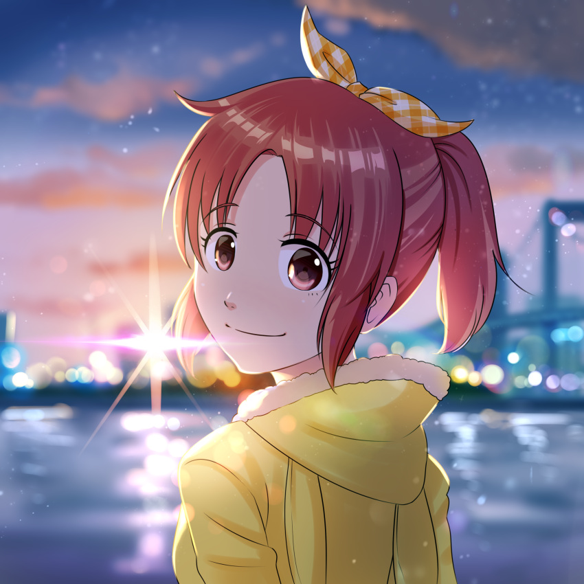 1girl, abe_nana, bangs, blurry, blurry_background, brown_eyes, brown_hair, clouds