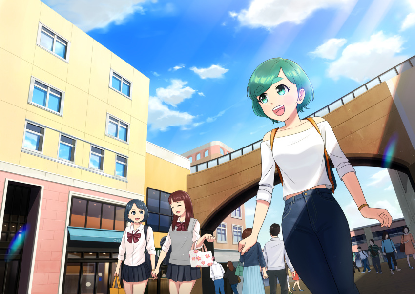 6+girls, backpack, backpack_removed, bag, black_hair, black_skirt, blue_sky, brown_hair