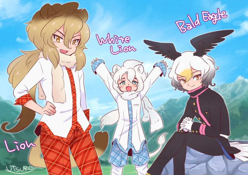 3boys, animal_ears, arms_up, bald_eagle_(kemono_friends), bird_boy, bird_tail, bird_wings, black_jacket