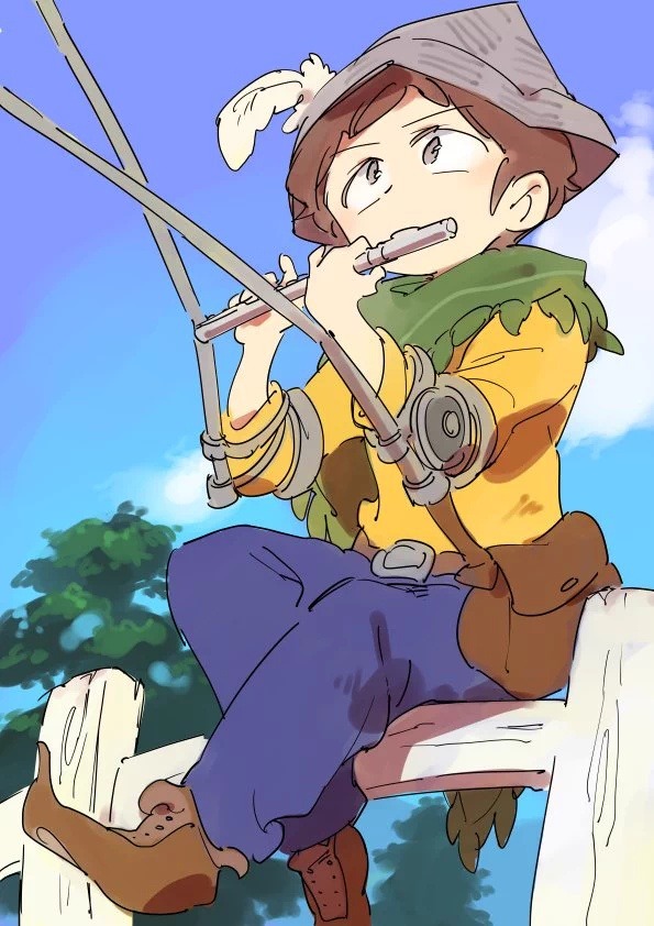 1boy, be_(ronironibebe), brown_eyes, brown_hair, cape, crutch, hat, instrument