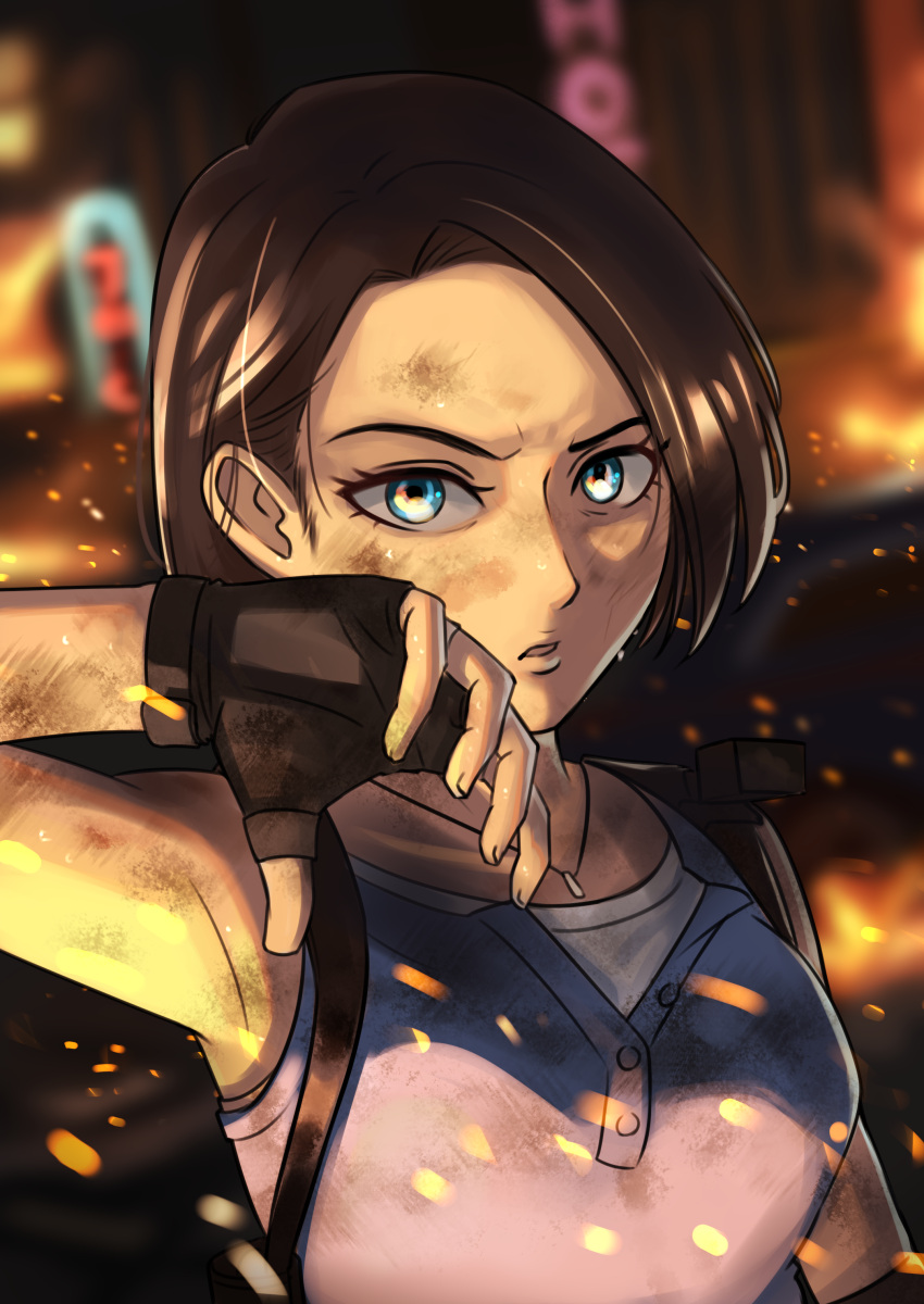 1girl, absurdres, black_gloves, black_hair, blue_eyes, blurry, blurry_background, dirty, dirty_face, fingerless_gloves, gloves, glowing, highres, jill_valentine, parted_lips, resident_evil, short_hair, sinohira_rin, solo, sparks, upper_body
