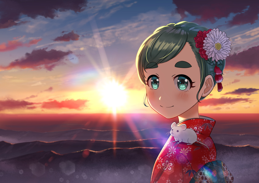 1girl, absurdres, aqua_eyes, clouds, cloudy_sky, flower, futomayu-chan_(sinohira_rin), green_hair