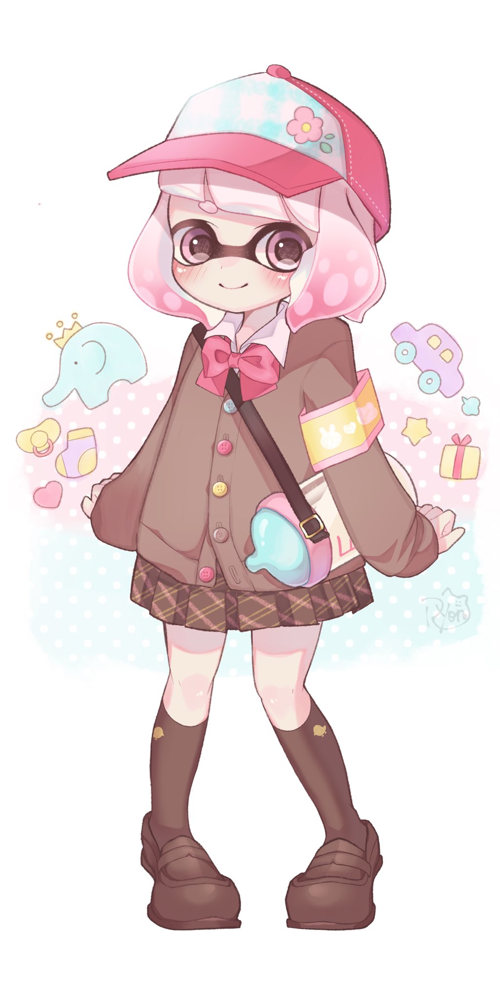 1girl, armband, artist_name, baby_bottle, bangs, baseball_cap, black_footwear, black_legwear